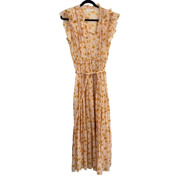 Doen Carnation Floral Ruffle Belted Tie Waist Maxi Dress Costal Boho Yellow Sz S - Picture 2 of 9